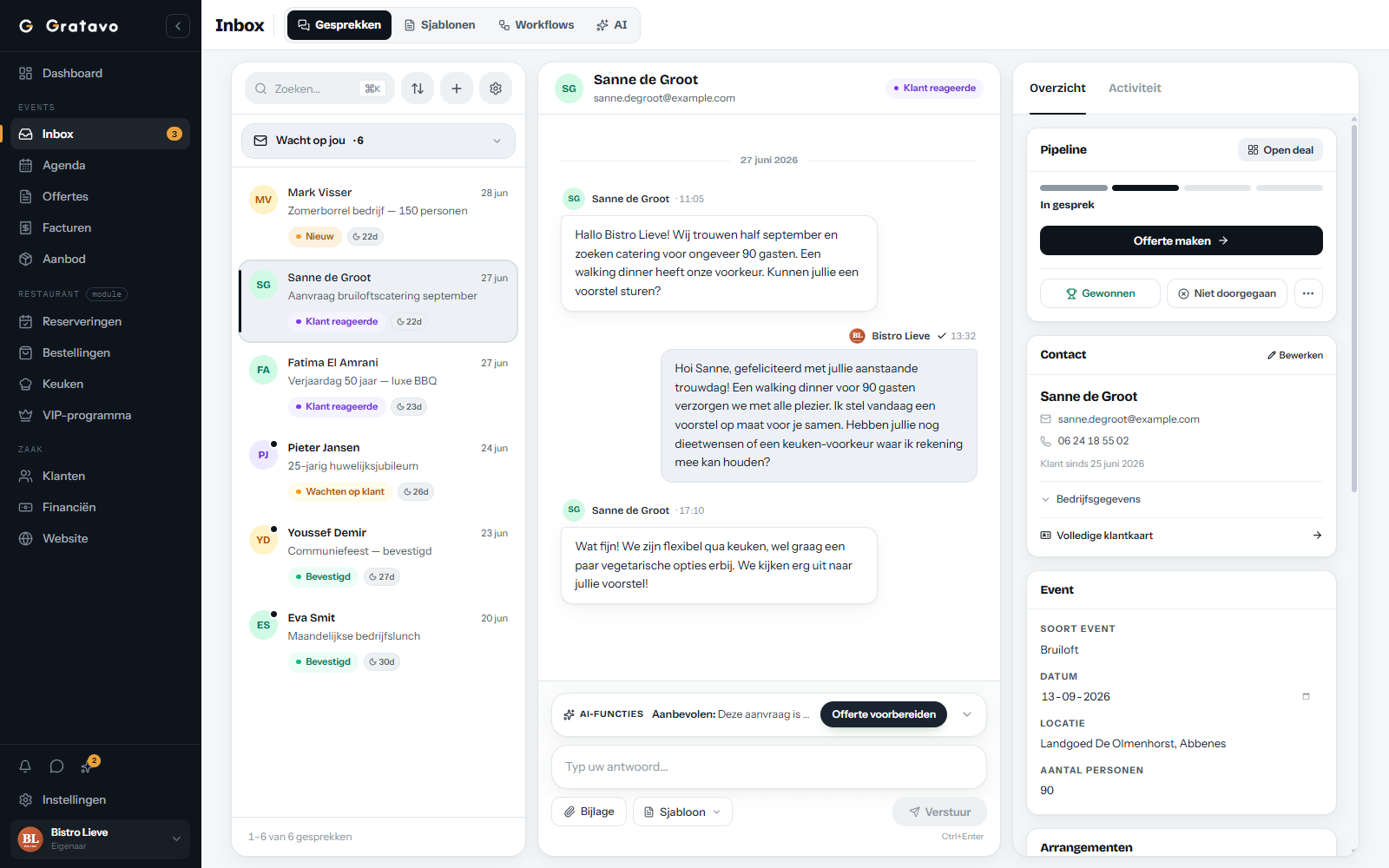 Inbox met een klantgesprek, pipeline en event-details